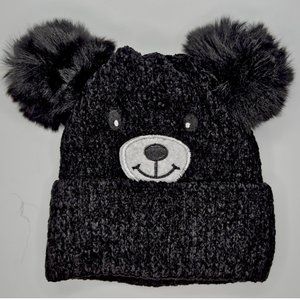 Black Kids Teddy Bear Sherpa Lined Soft Knit Pom Pom Beanie Winter Hat